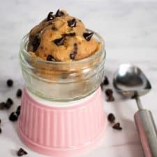 A scoop of vegan cookie dough in a ramekin.