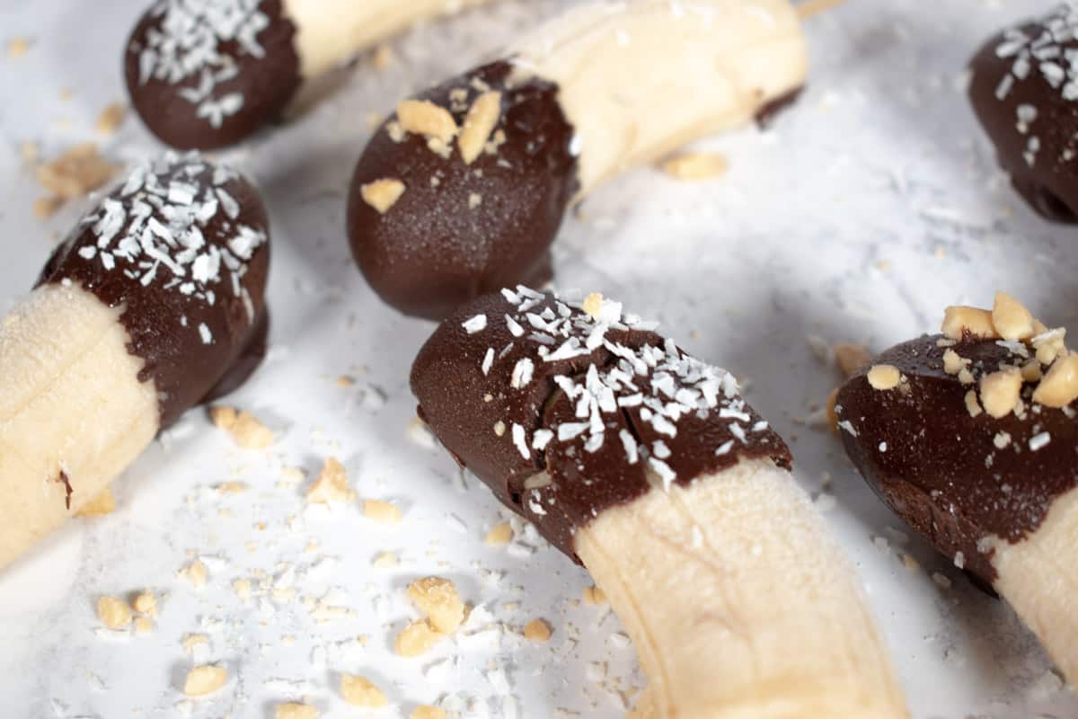 Close up on vegan chocolate banana pops.