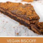A slice of vegan biscoff brownie bark.