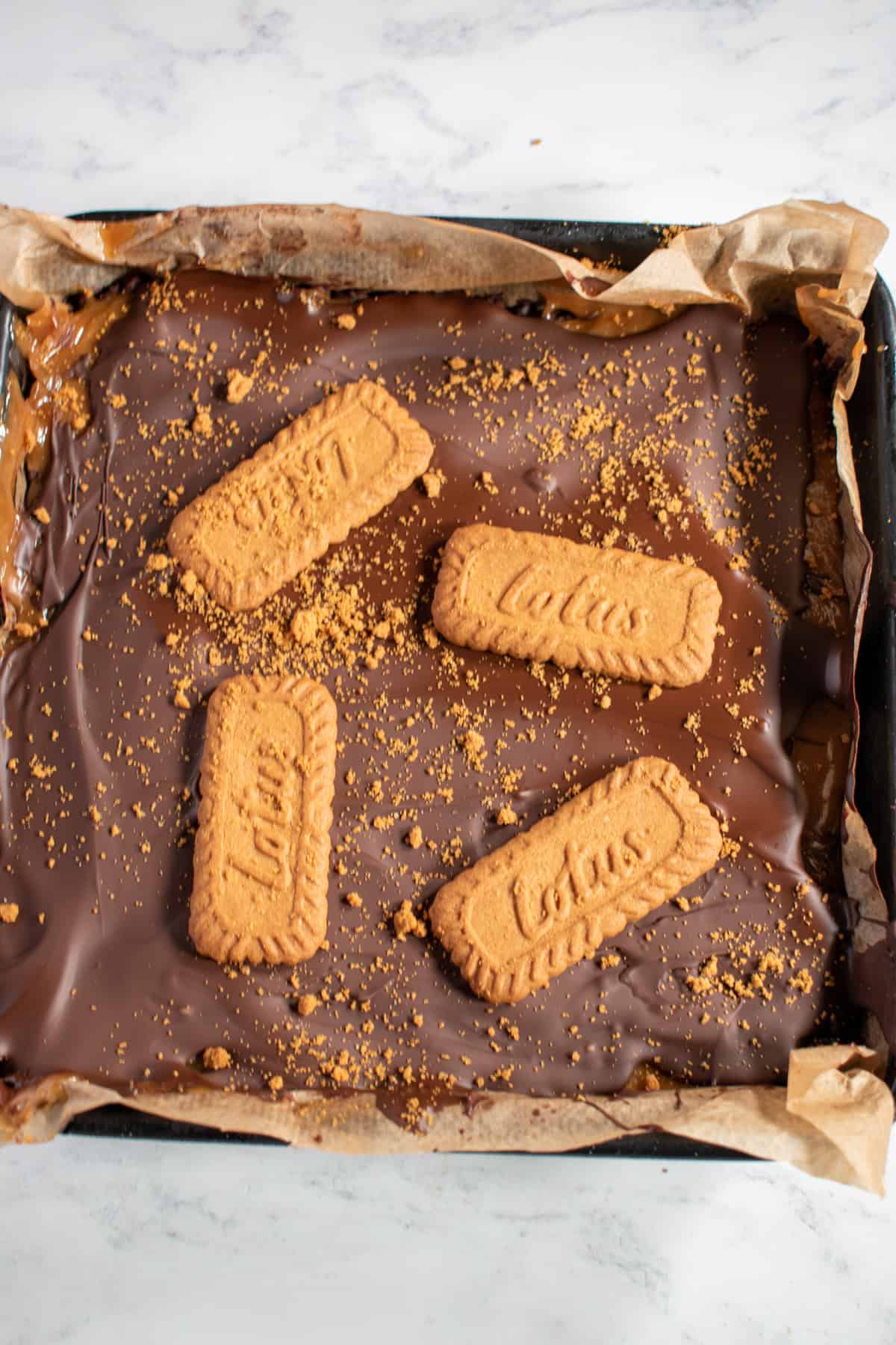 A tray containing vegan caramel bars.