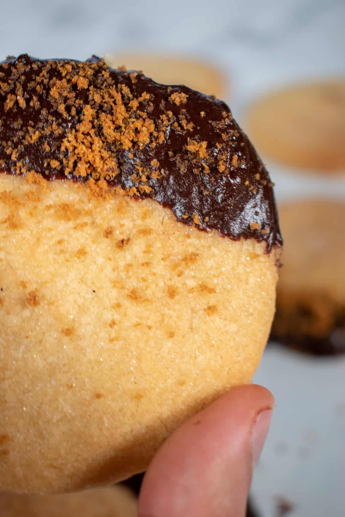 A close up shot of a vegan chocolate shortbread biscuit.