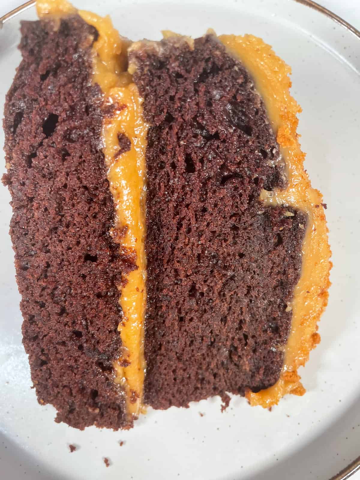 An aerial shot of a slice of peanut butter cake, laying in its side. The filling is central in the image.