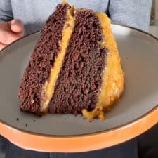 Arms holding out a large slice of chocolate peanut butter cake on a brown rimmed plate.