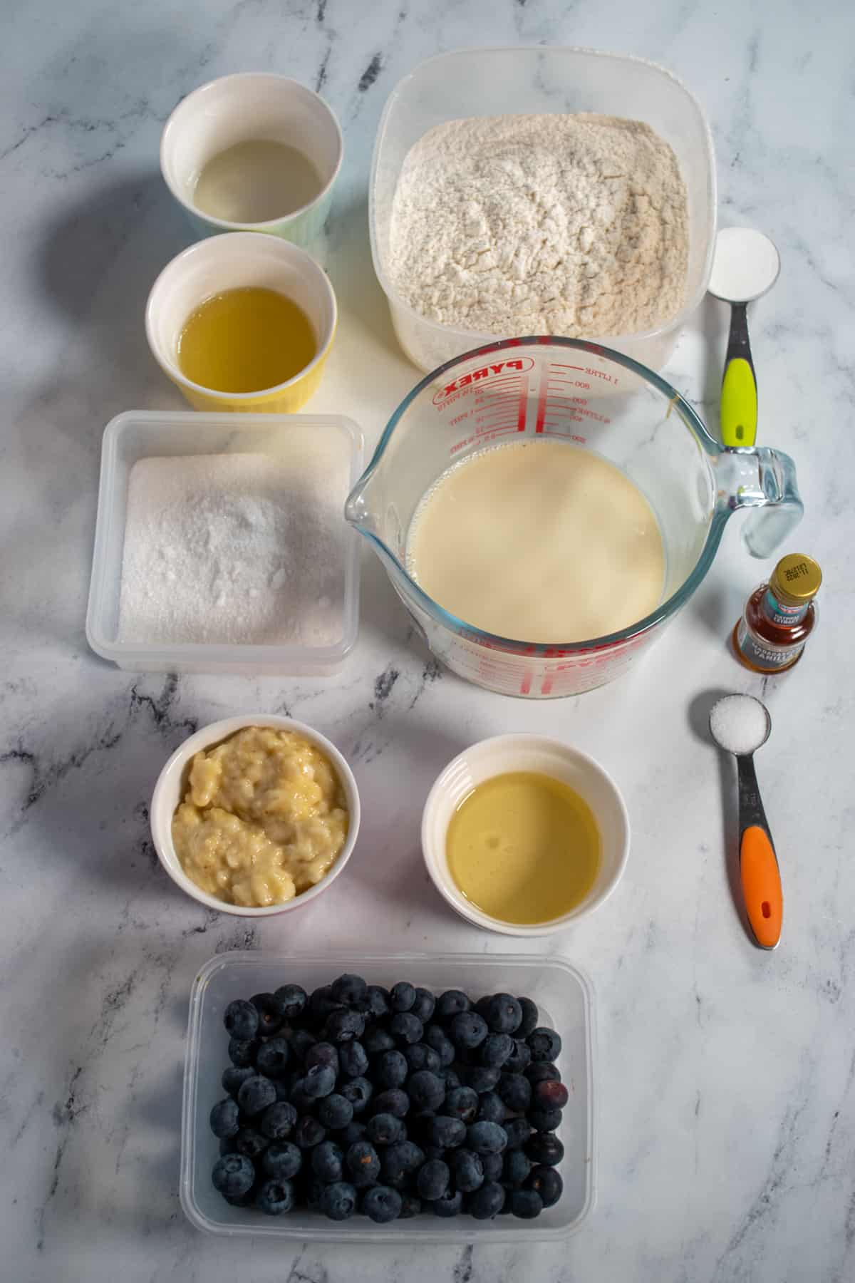 A shot of the ingredients needed to make blueberry lemon vegan muffins.