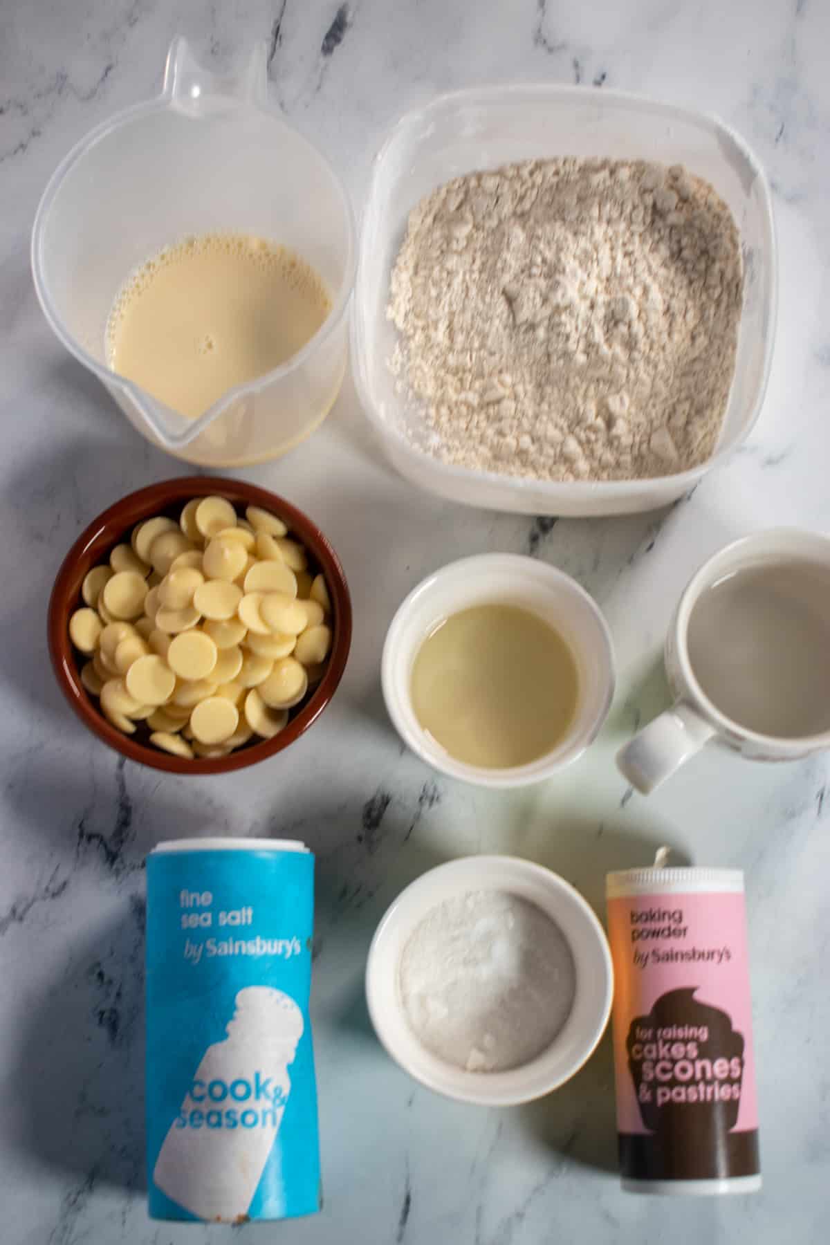 An overhead shot of the ingredients required for vegan white chocolate pancakes.