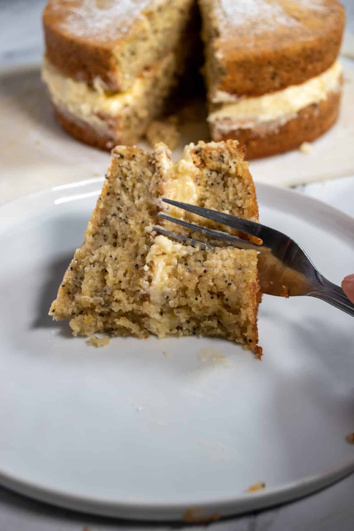 A fork slicing through a slice of lemon poppy seed cake.