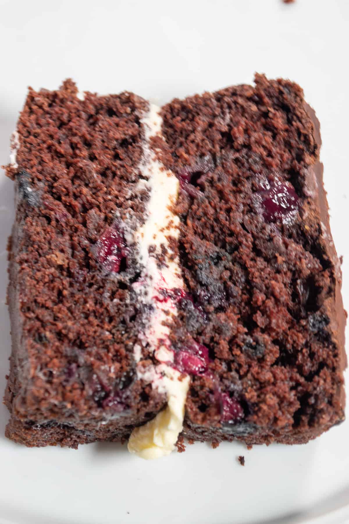 A shot of a chunky slice of my chocolate eggless blueberry cake. Buttercream down the centre.