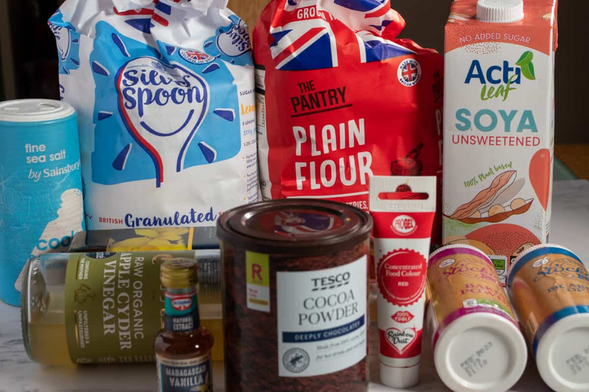 A shot of the ingredients needed to make an eggless red velvet cake.