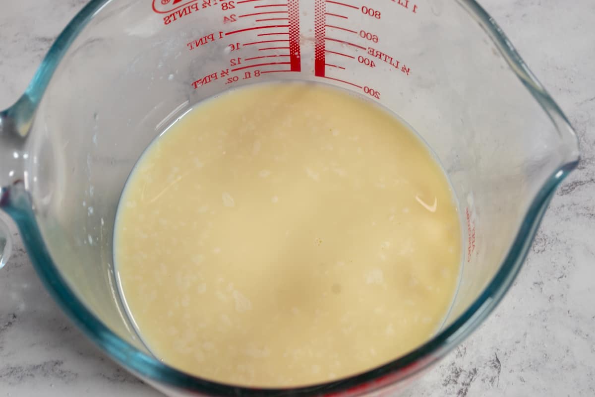 An aerial shot of curdled soy milk.