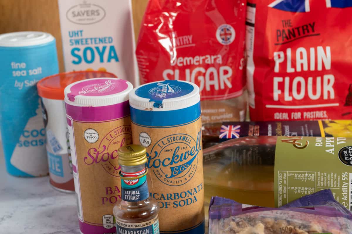 A shot of the ingredients required for making an eggless coffee cake.