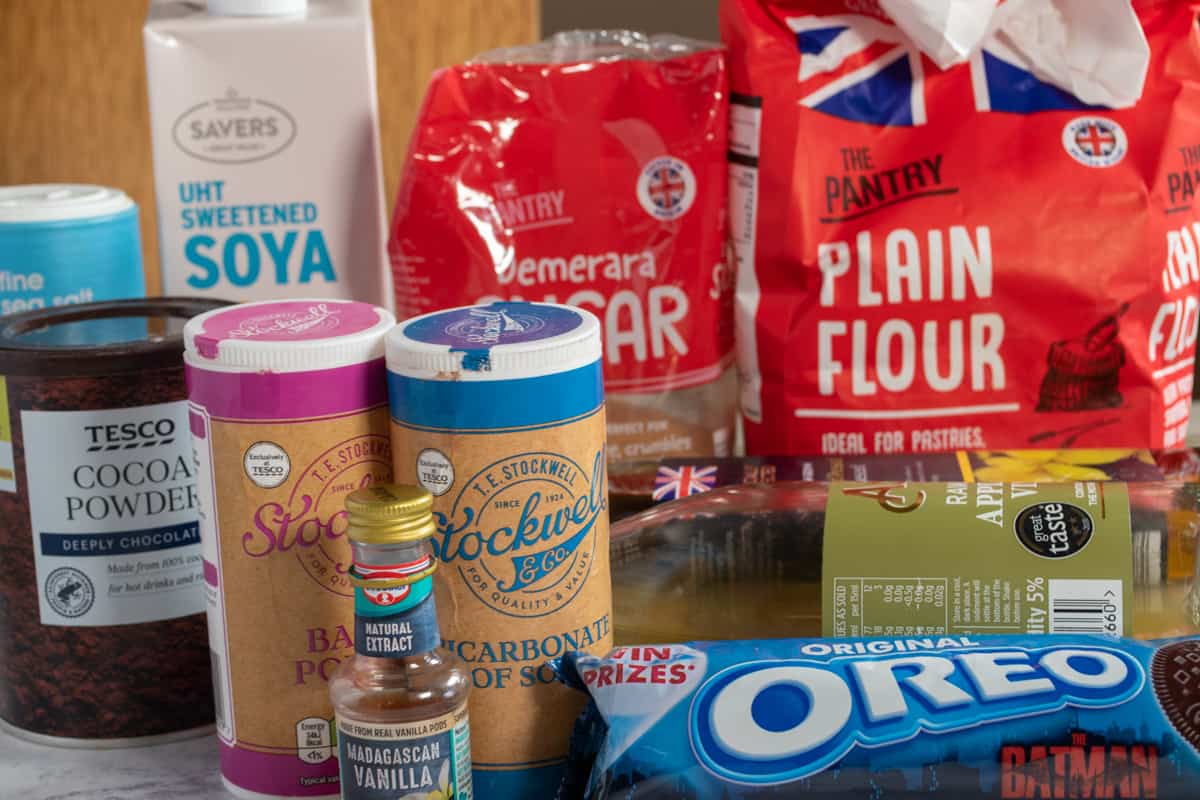 A shot of the ingredients required for making an eggless Oreo cake.