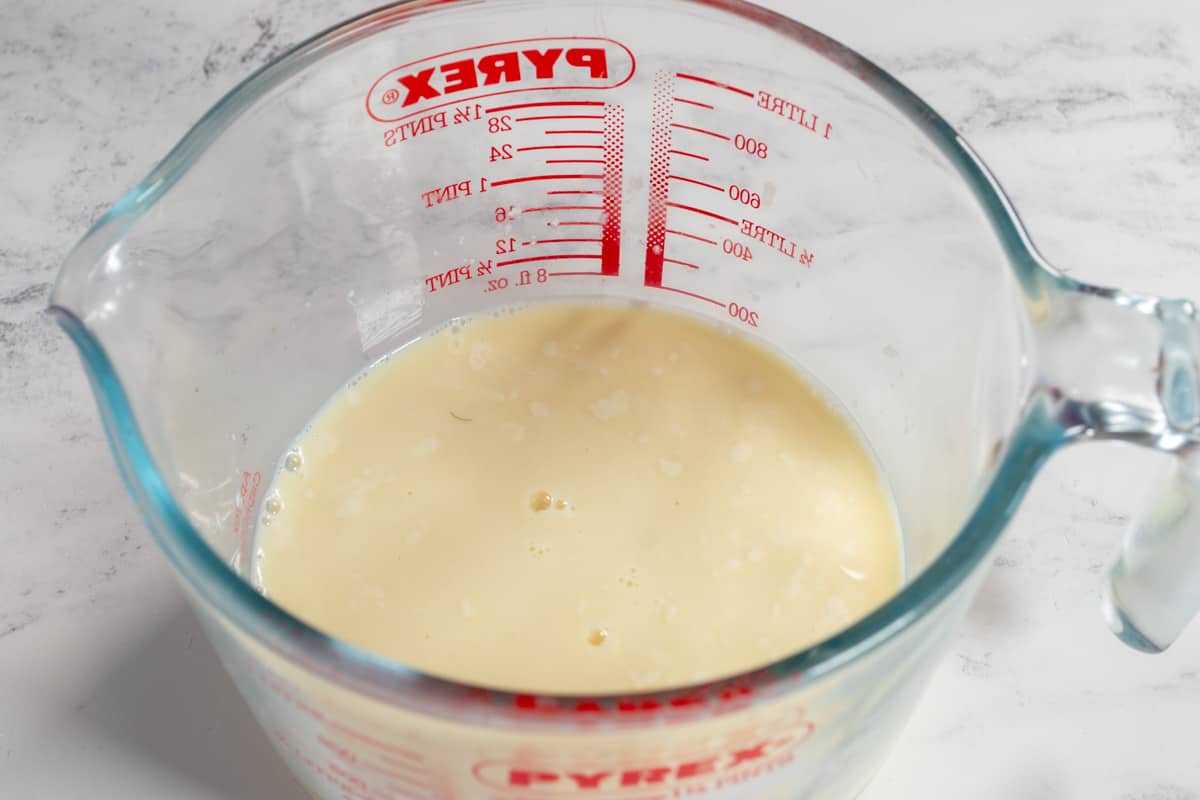 An aerial shot of curdled soy milk.