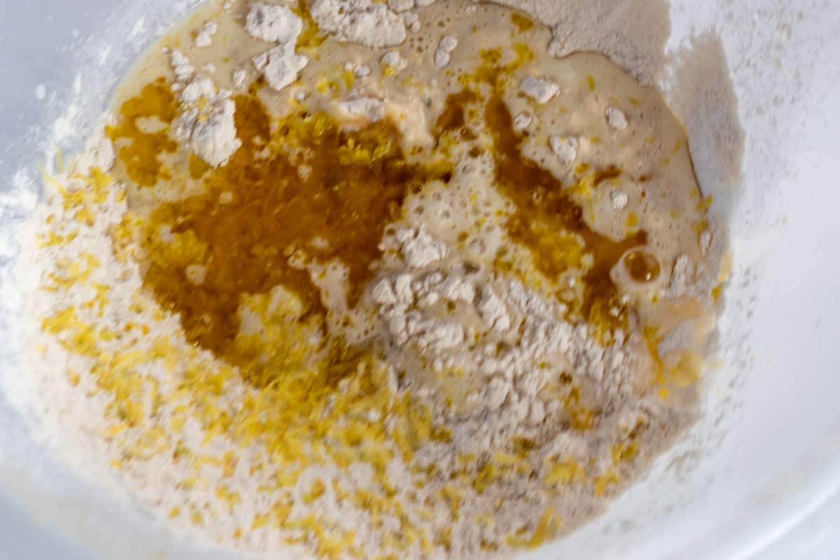 A shot of the remaining wet ingredients, now added to the bowl.