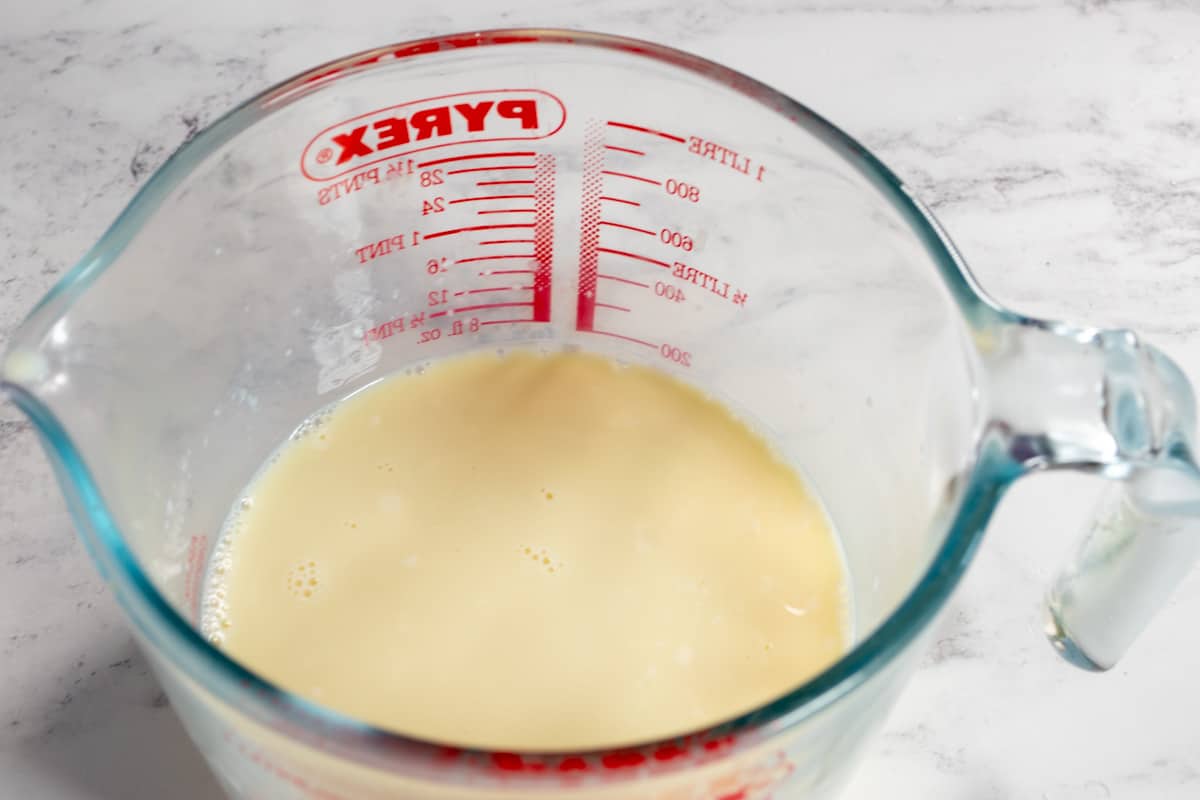 An aerial shot of curdled soy milk.