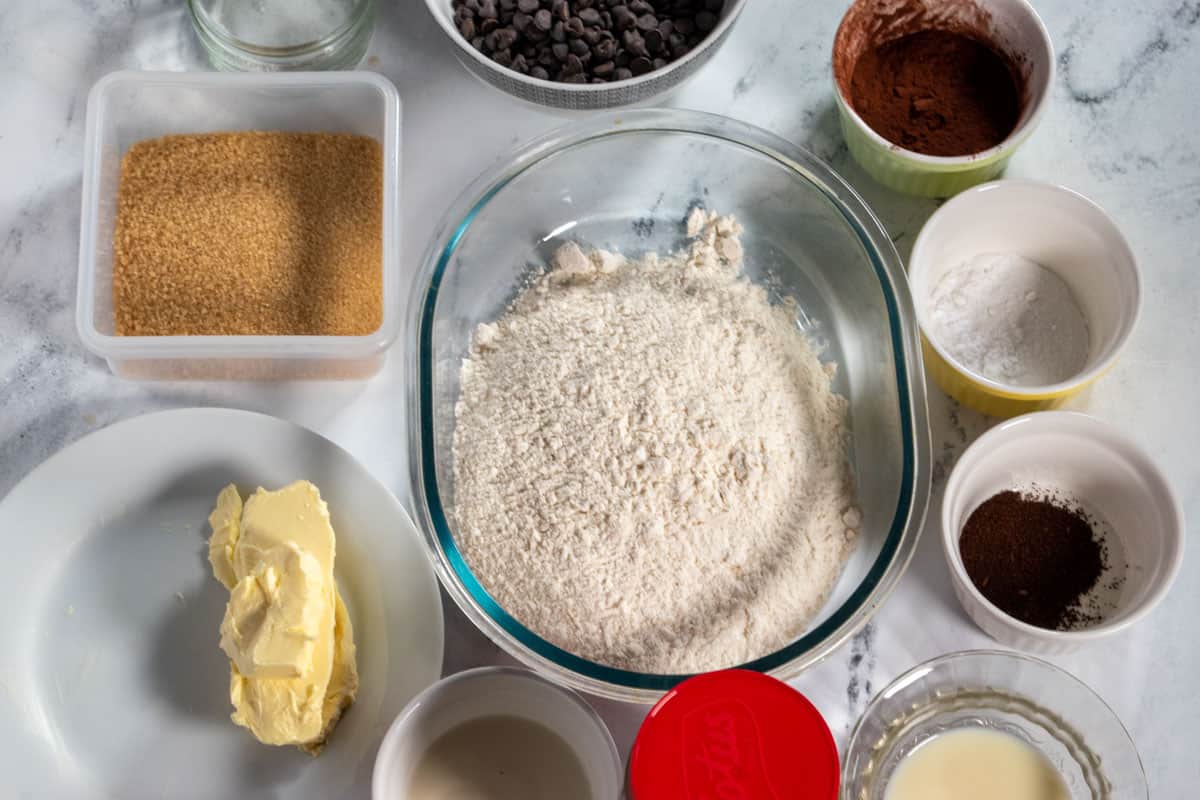 An aerial shot of the ingredients needed for my vegan chocolate brownie cookies.