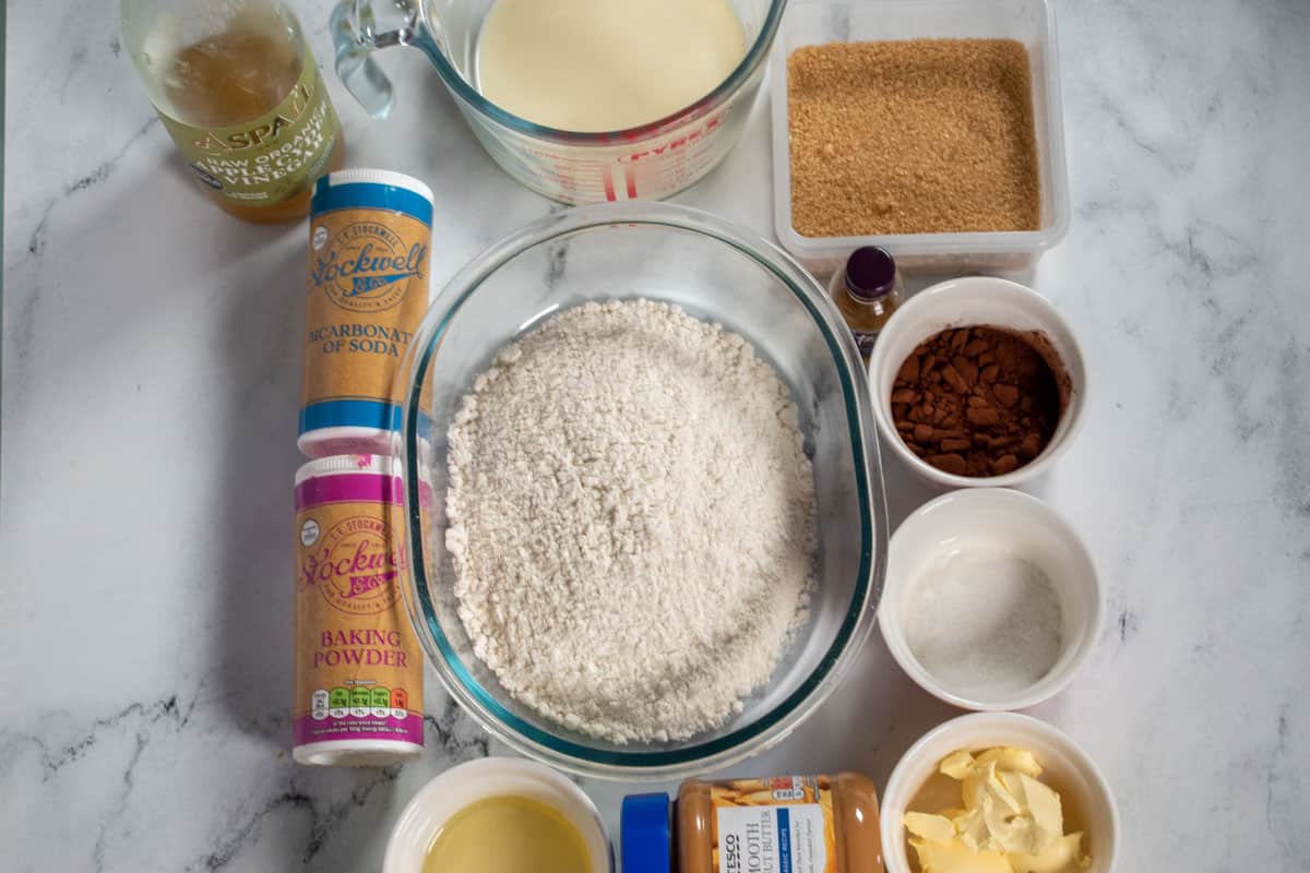 An aerial shot of the ingredients needed to make vegan snickers cake. 