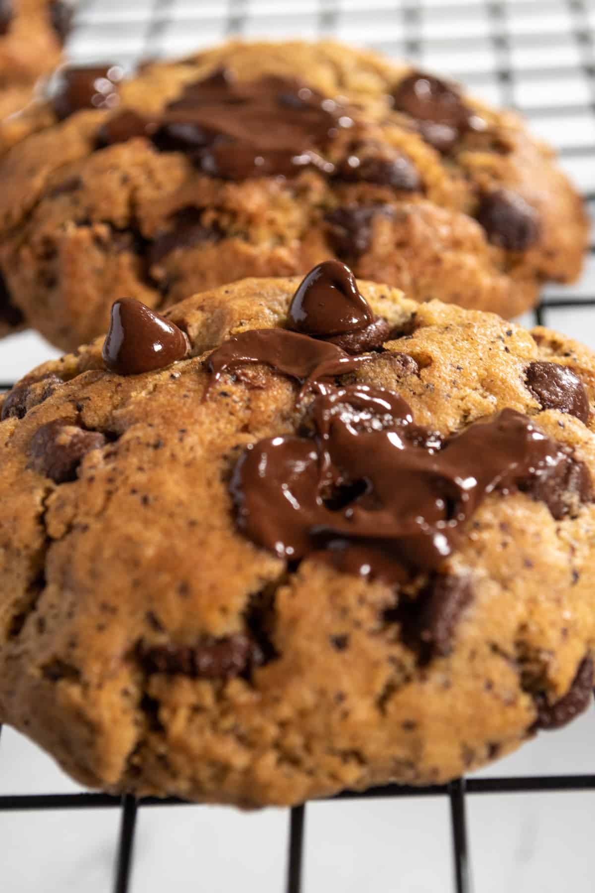 Two large espresso chocolate chip cookies covered with melted chocolate chips on a black wire rack.