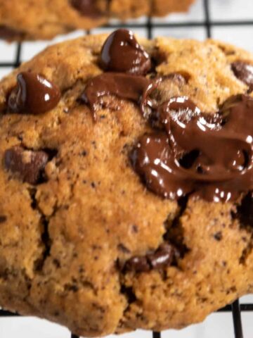A close up shot of an espresso chocolate chip cookie. Lots of melty chocolate on top.