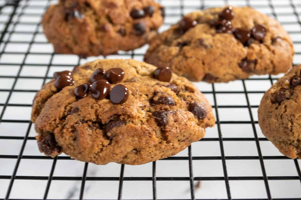 Four espresso chocolate chip cookies on a wire rack.