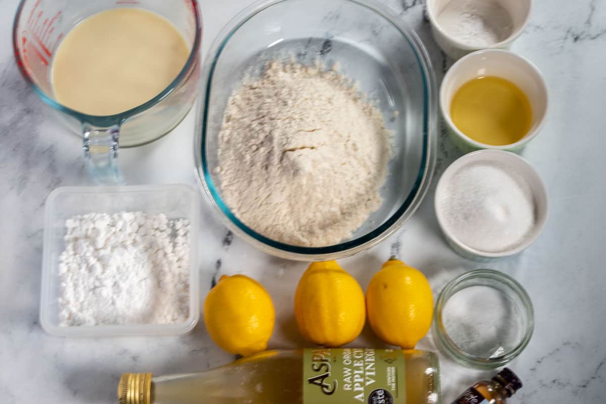 An aerial shot of the ingredients needed for my vegan lemon drizzle cake.