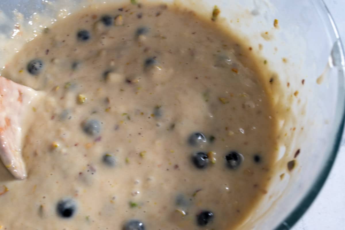 The pistachios and blueberries are now folded into the batter too. 