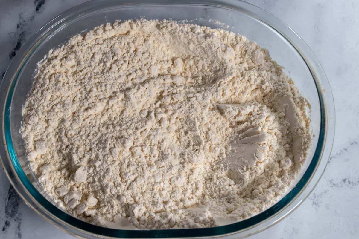 An aerial shot of the flours mixed together.