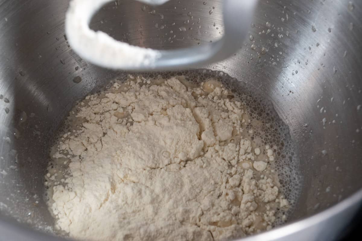 The flour is added to the wet mixture.