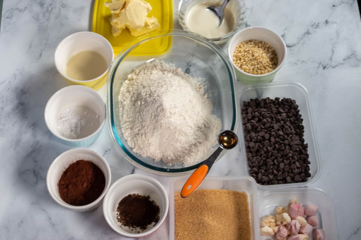 An aerial shot of the ingredients needed for my vegan rocky road cookies.