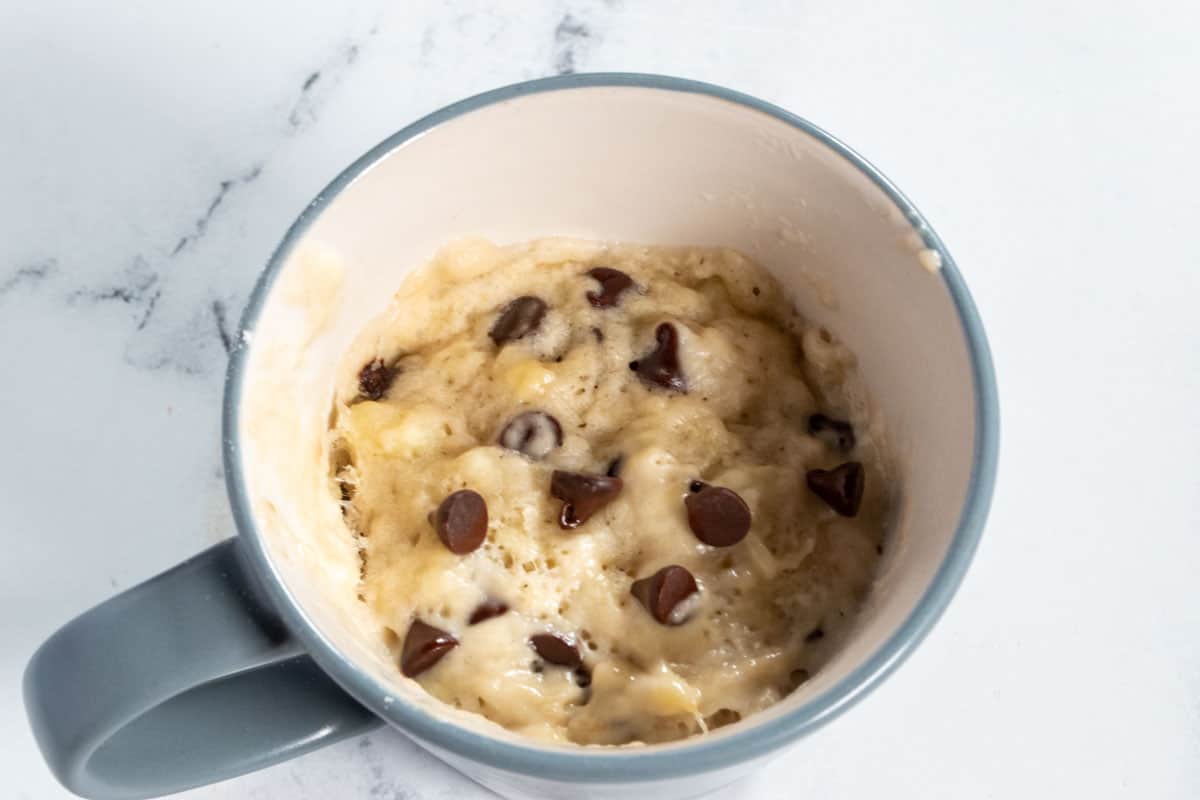 A baked vegan banana mug cake. It is still quite moist on top but it is firming up at room temperature. 