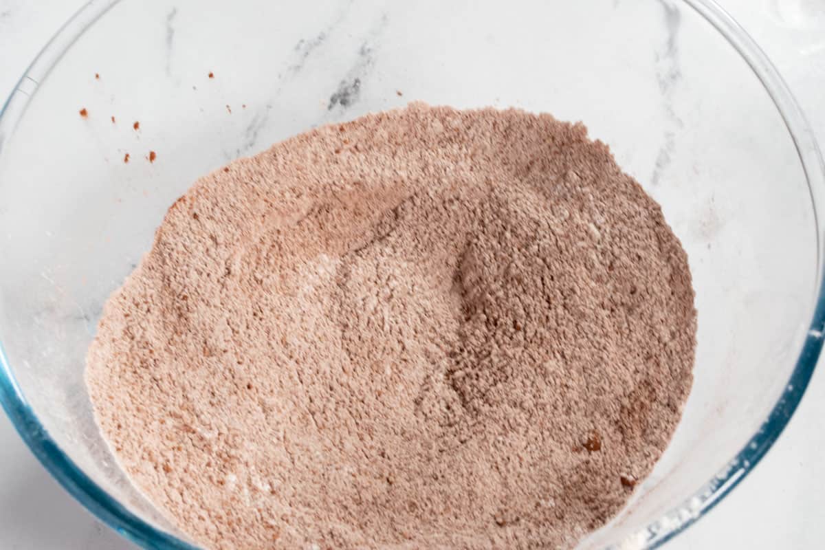 The dry ingredients combined inside a large bowl. 