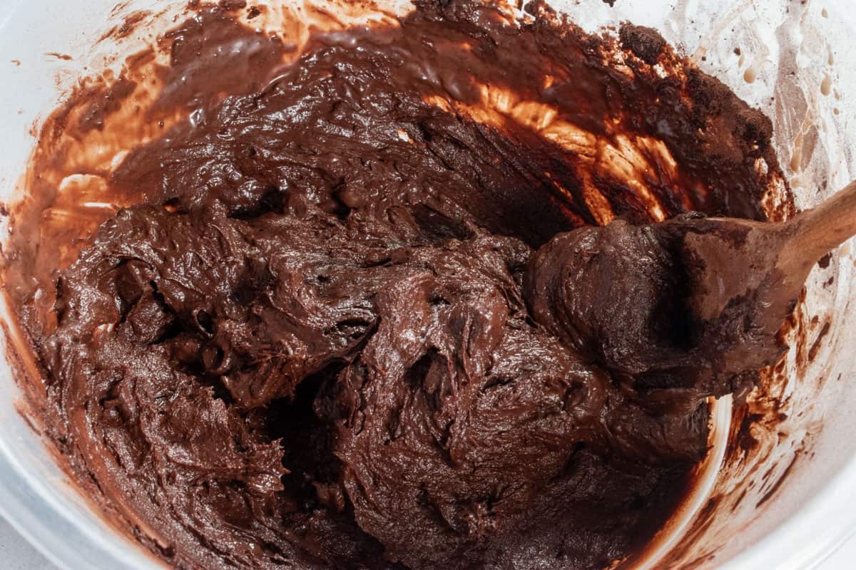The dry and wet ingredients have been combined. This has created a shiny, chocolatey brownie batter. 