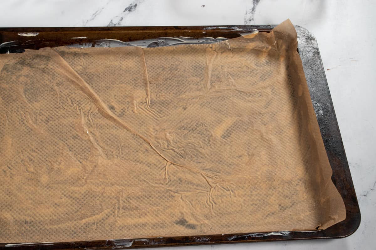 A large, lined baking tray. 