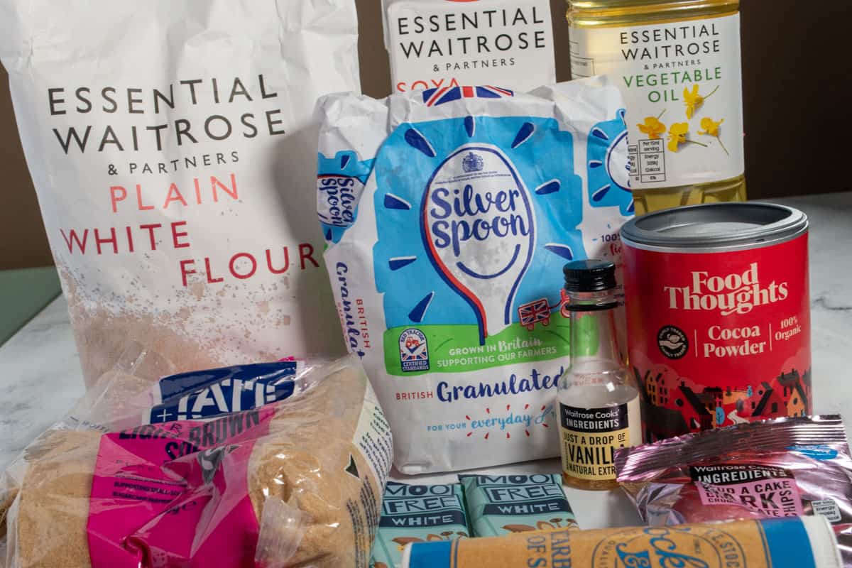 A low shot of the ingredients you will need for my vegan triple chocolate cookies.