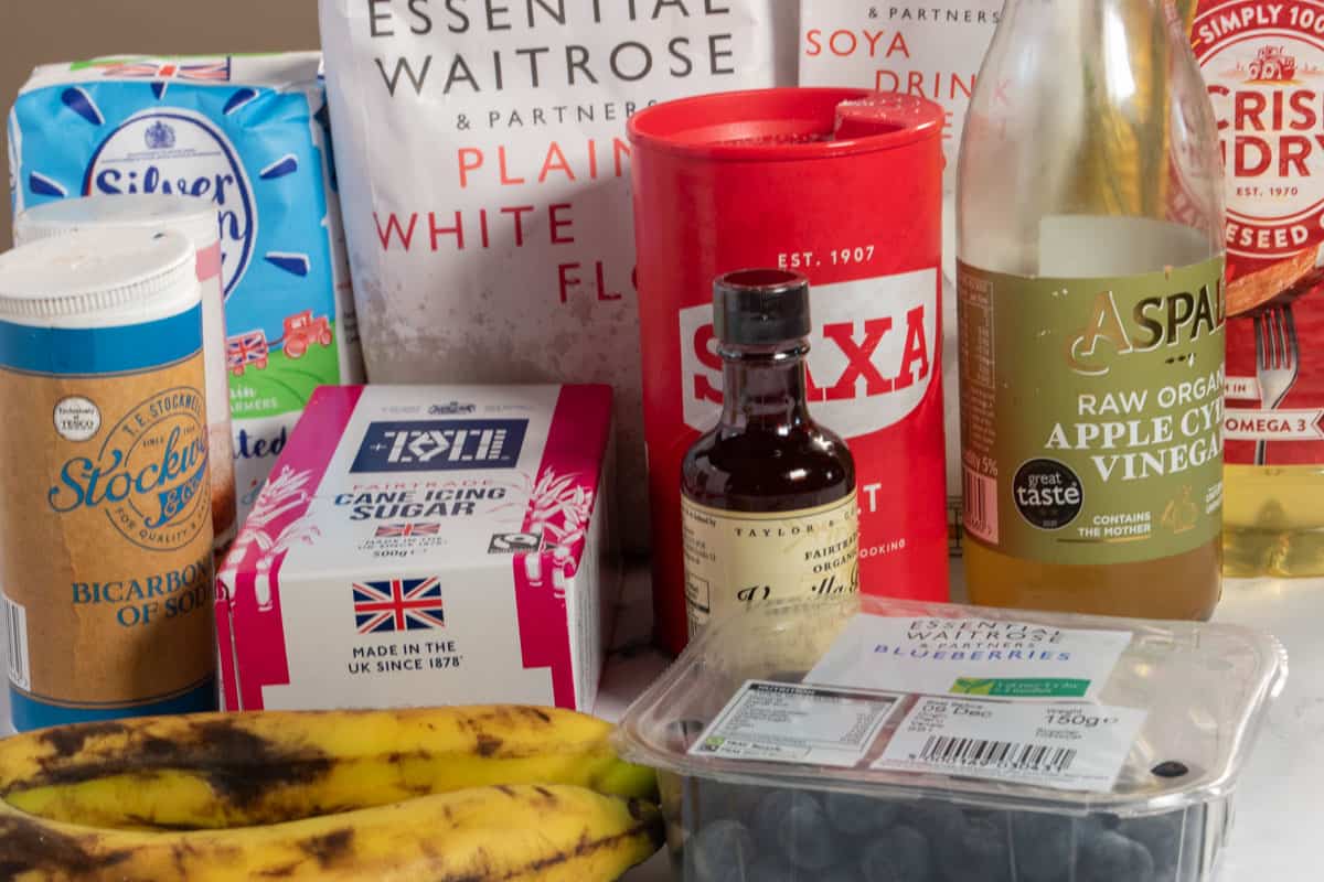 A shot of ingredients that are required in order to make my vegan blueberry banana cake. 