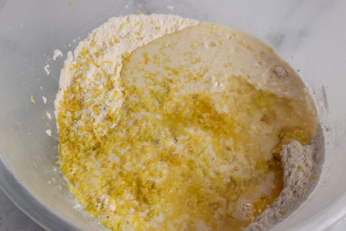 The wet ingredients including the lemon juice have been added to the mixture.