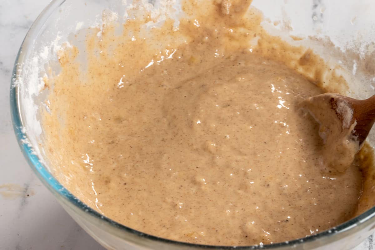 The dry ingredients have been mixed into the batter.