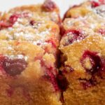 A close up image of a loaf of my vegan cranberry orange cake. Powdered sugar sifted on top.