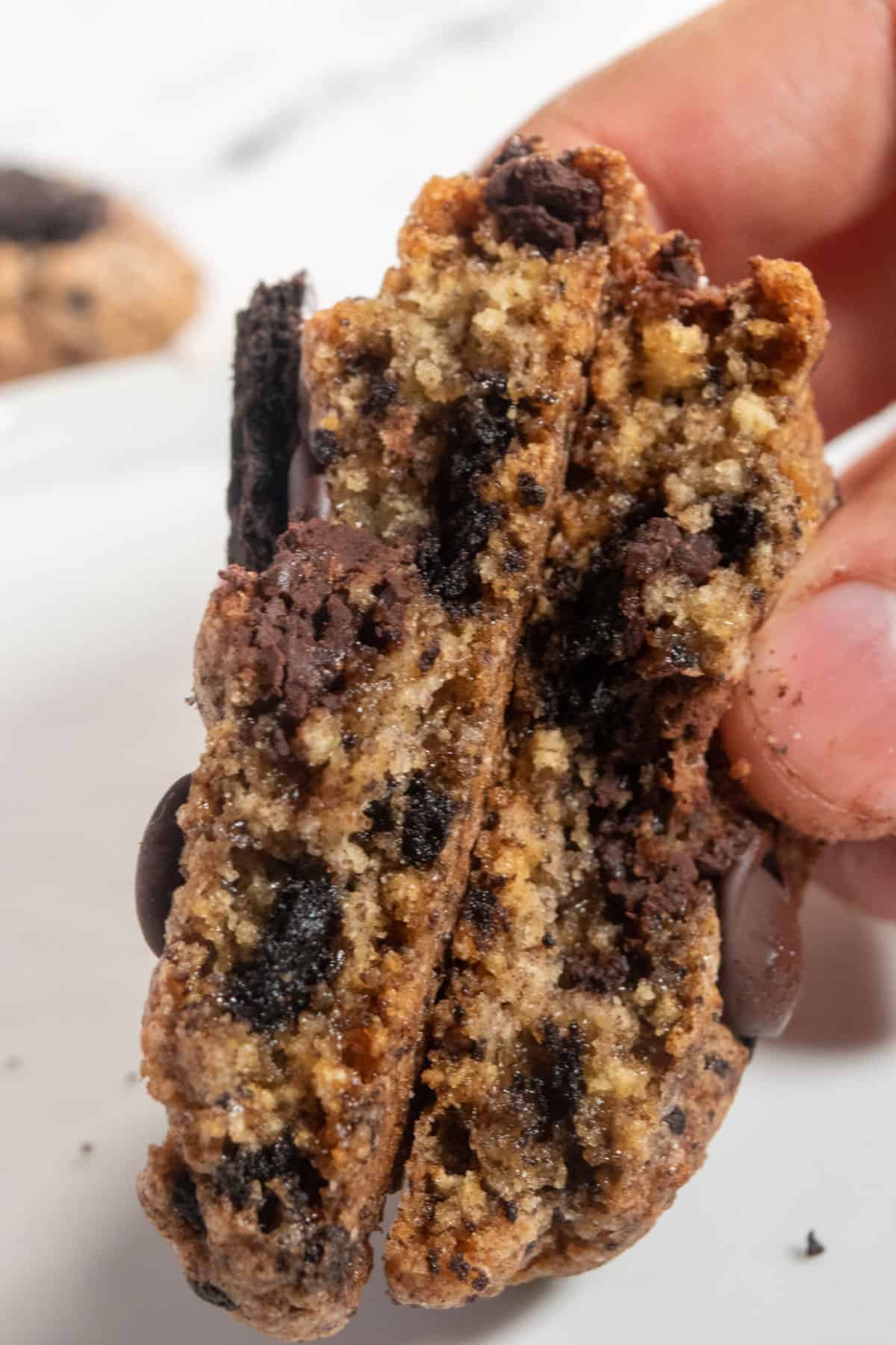 A hand holding two halves of a vegan oreo cookie. It is moist and crumbly inside.