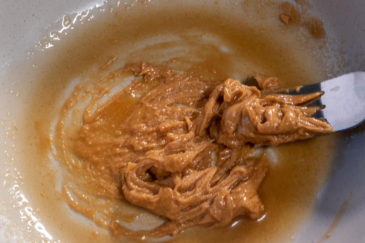 The peanut butter mixture combined inside a small bowl. 