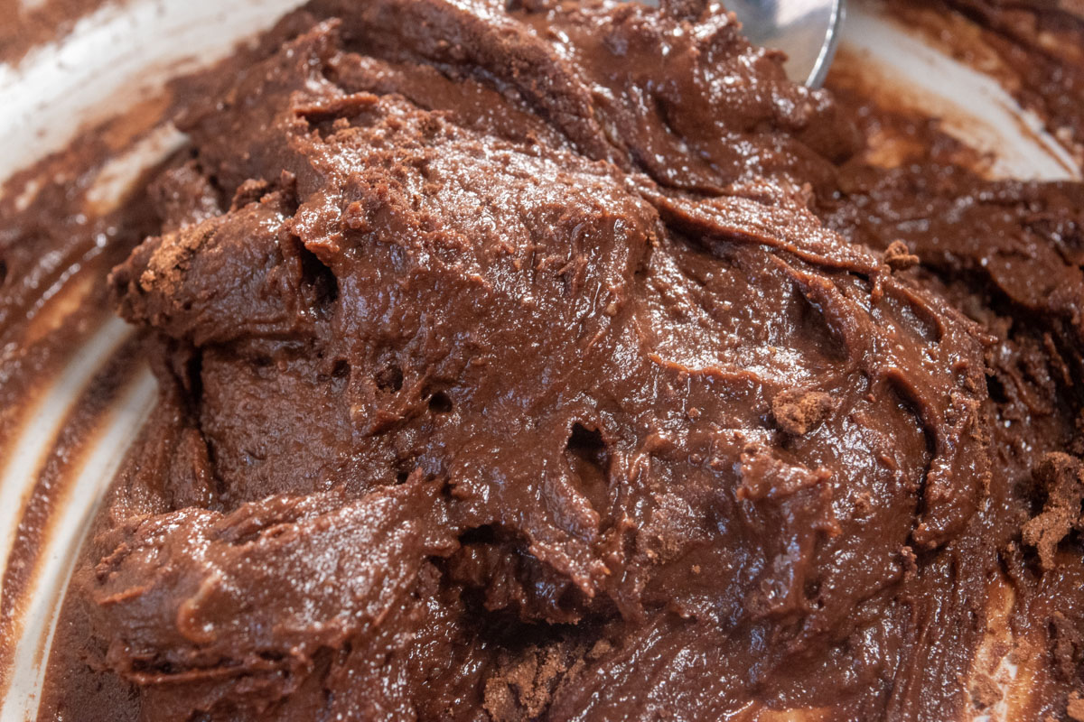 The remaining ingredients have been added in, creating a chocolate mixture. 