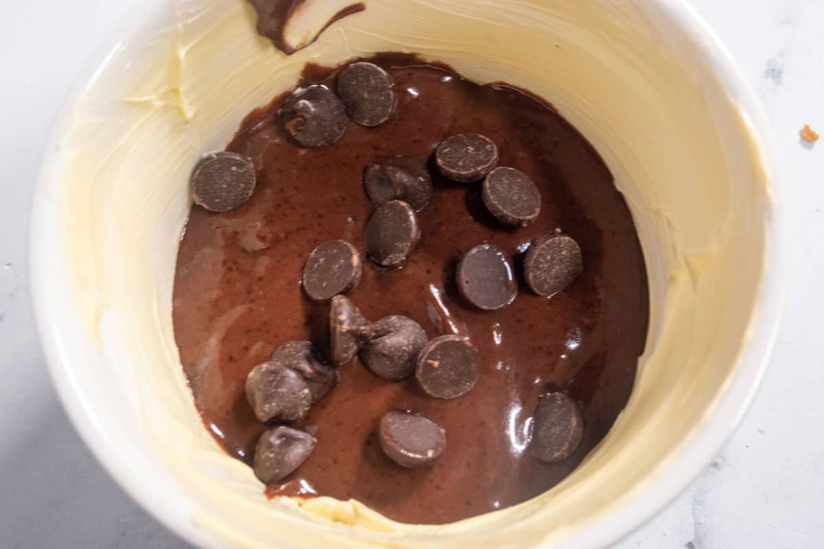 The chocolate chips have been sprinkled on top of the mug cake. It is ready to be cooked. 