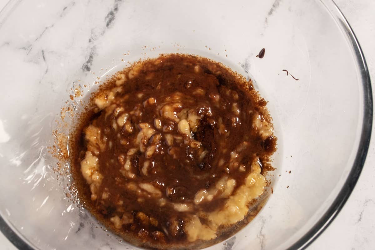 The wet brownies ingredients have been whisked together. 