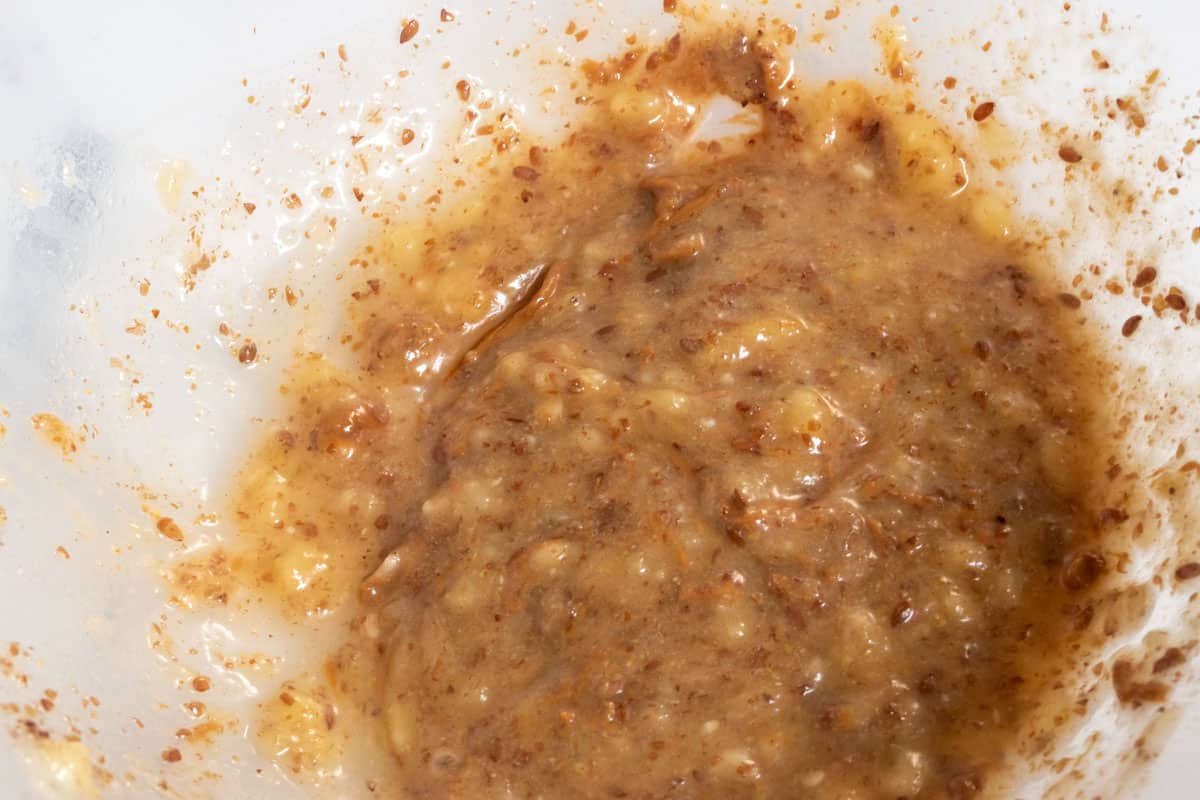 The initial ingredients combined inside a plastic mixing bowl.