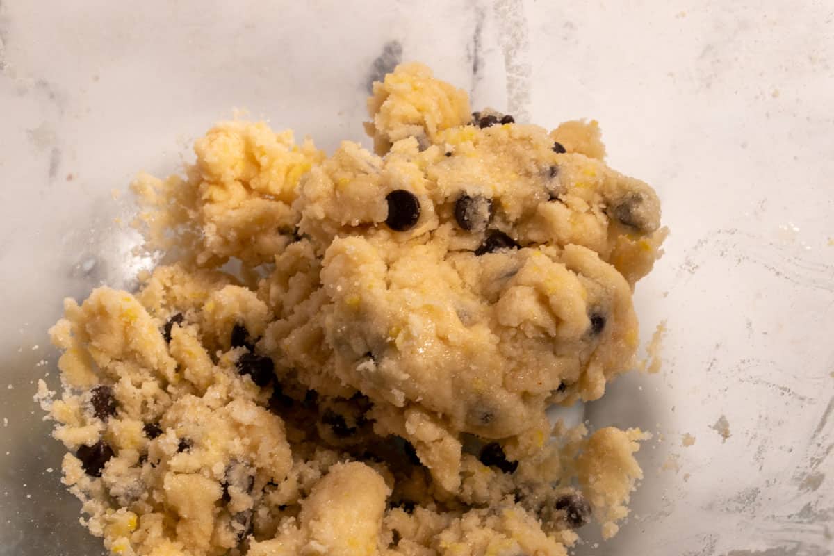 The wet cookie dough ingredients have been added. 