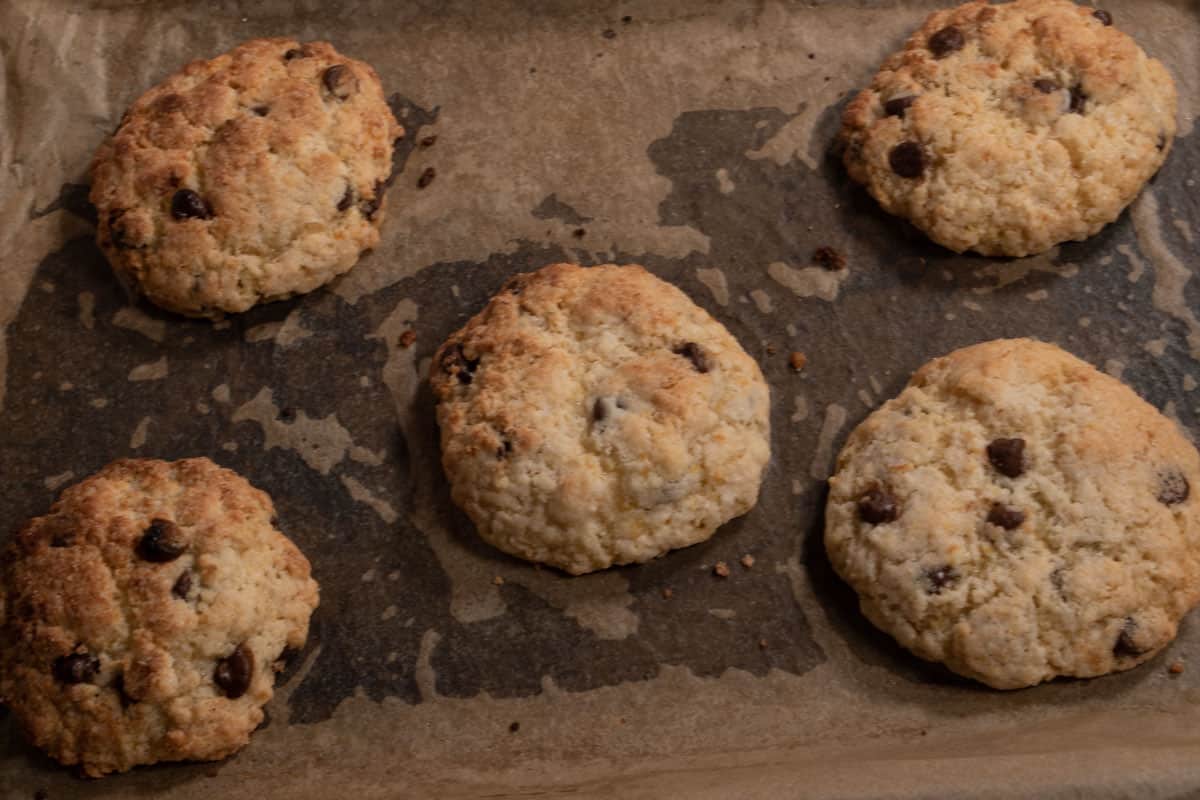 The vegan lemon cookies have been baked and are cooling down on the tray.