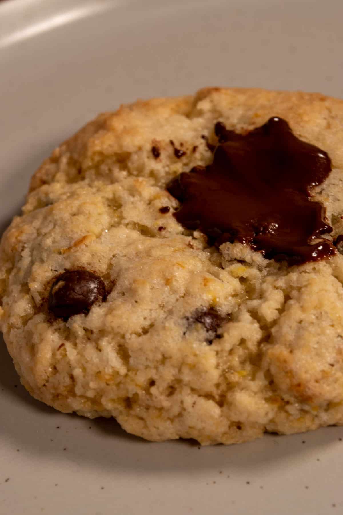 A large, golden brown single cookie covered with melty chocolate. 