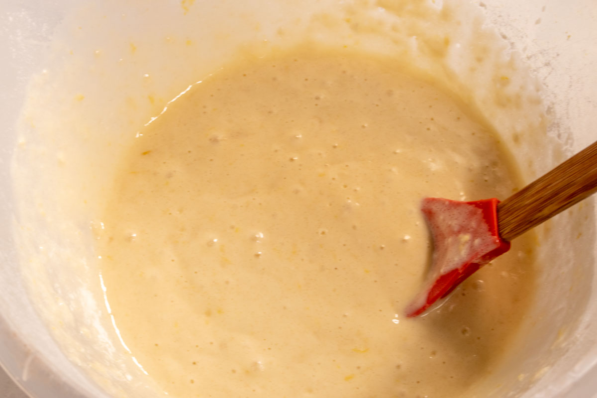 A smooth cake batter has formed now that the wet ingredients have been added. 