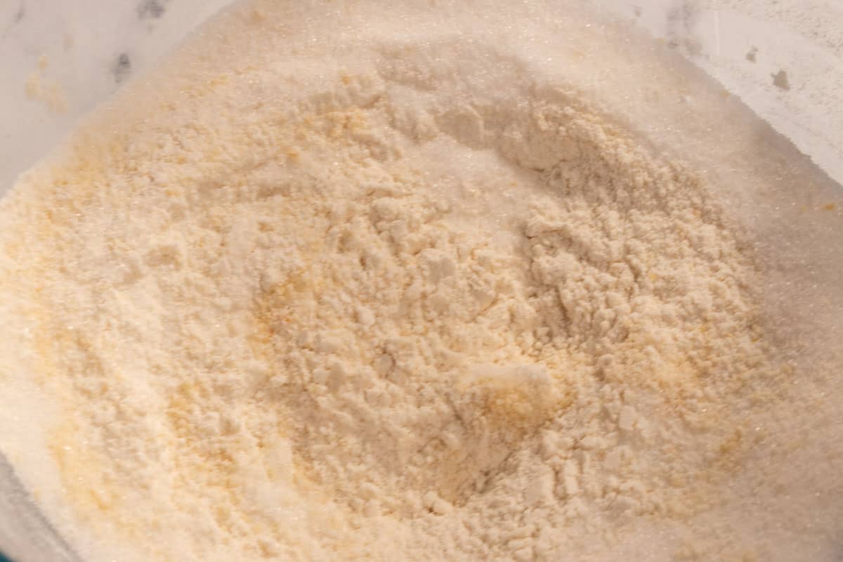 The flour mixture combined inside a large mixing bowl. 