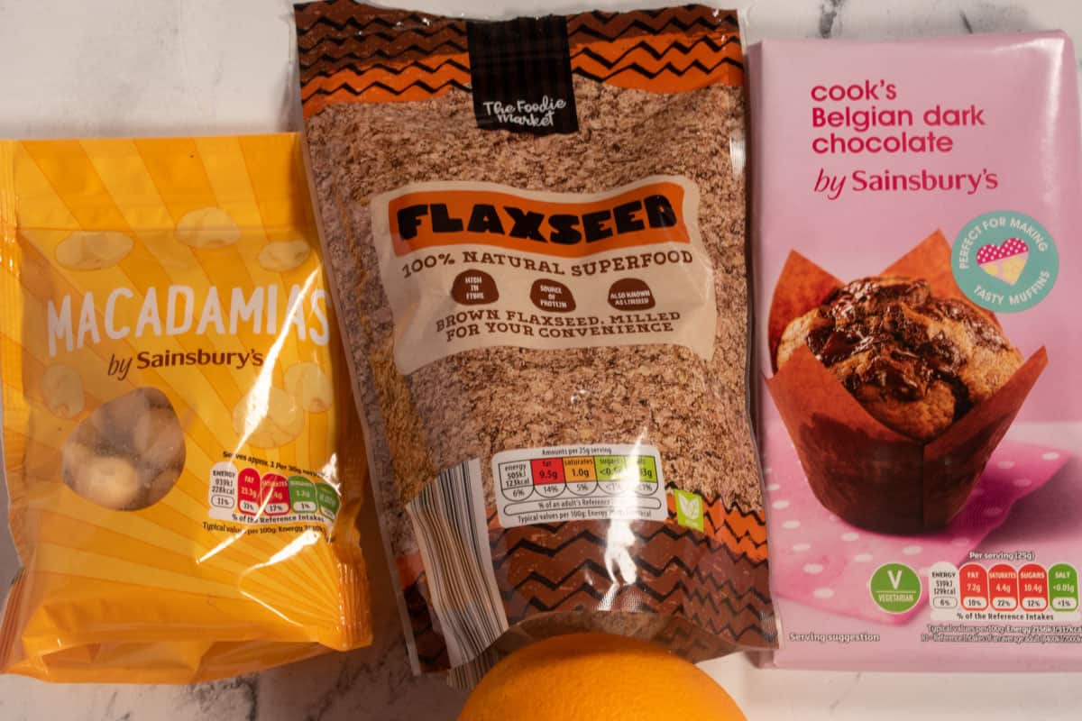 The four ingredients that you will need to make my vegan chocolate orange clusters. 