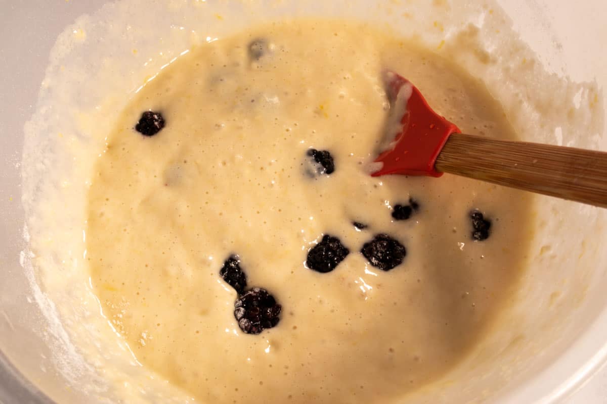 The blackberries and lemon zest have been folded into the cake batter. 